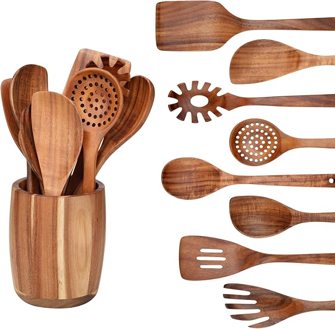 9 PCS Kitchen Utensils Set - Wooden Spoons for Cooking, Natural Teak Wooden Utensils - Includes Wooden Spoons, Spatula Set, Slotted Spoon - Handmade Wooden Spoon Set-Ruum Studio Home