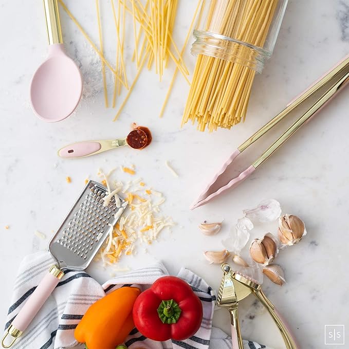 Gold and Pink Kitchen Utensil Set with Holder - 7-Piece Cooking Tools with Gold Whisk, Ladle, Tongs, Turner, Spatula, and Spoon - Stylish Pink Kitchen Accessories for Modern Cooking & Serving-Ruum Studio Home