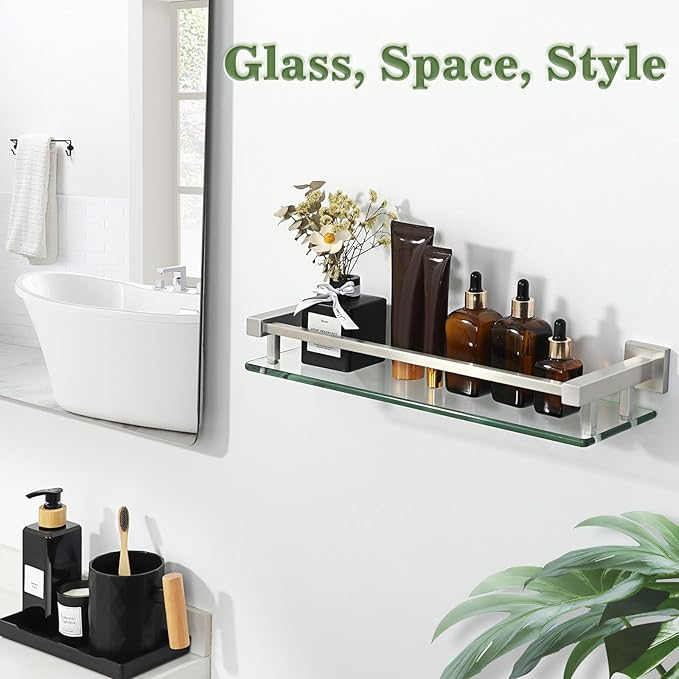 Alise Bathroom Glass Shelf with Stainless Steel Railing, Brushed Nickel Small Tempered Glass Floating Wall Shelf Over The Toilet, 16 inch-Ruum Studio Home