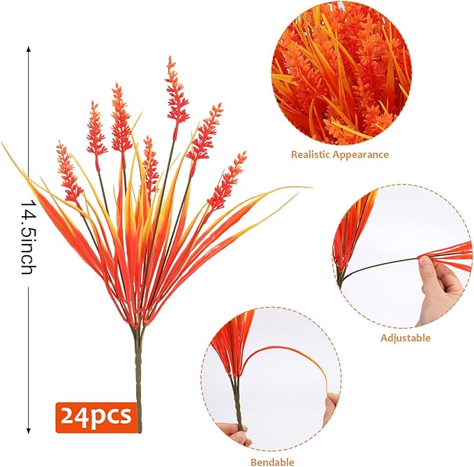 Geegoods 24 Bundles Artificial Fall Flowers Outdoor – Faux Lavender Flowers with Monkey Grass UV Resistant Plastic Faux Plants for Garden Porch Patio Home Decor, Autumn Color-Ruum Studio Home