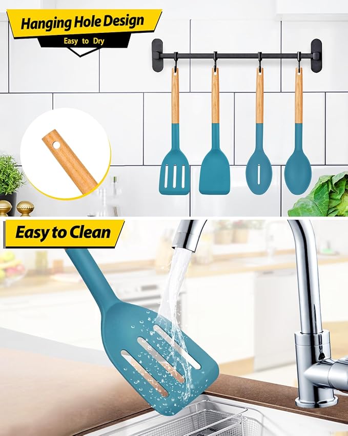 Pack of 4 Silicone Cooking Utensils Set, Non Stick Solid Spatulas and Heat Resistant Slotted Spoons with Wooden Handle, Ideal Wood Kitchen Utensils Set for Frying,Serving,Turning,Stirring (BLUE)-Ruum Studio Home