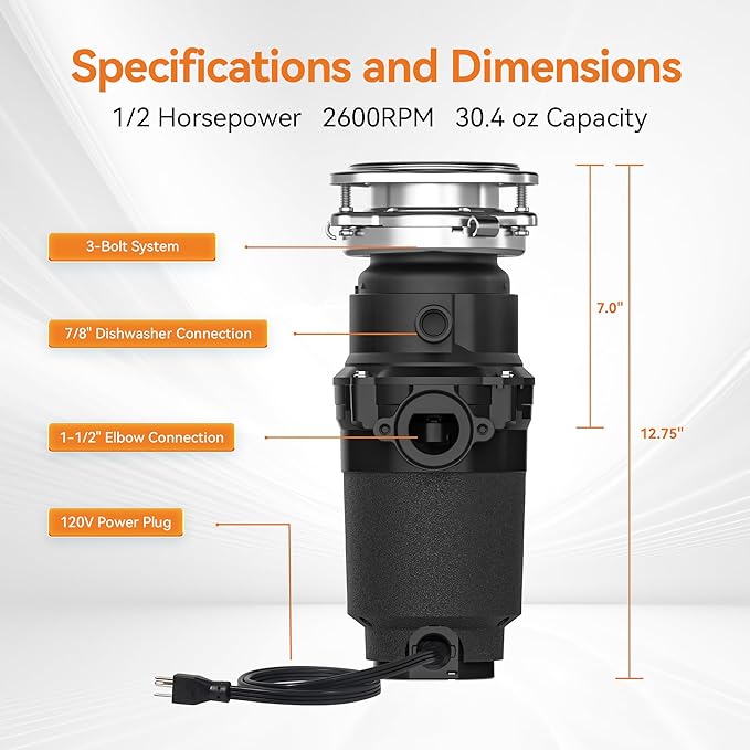 1/2 HP Garbage Disposal, TECASA Food Garbage Disposal with Power Cord, Stainless Steel Grinding System and 3-Bolt Mounting, Continuous Feed Compact Garbage Disposals, UL Certified, Taskmaid Series 50-Ruum Studio Home