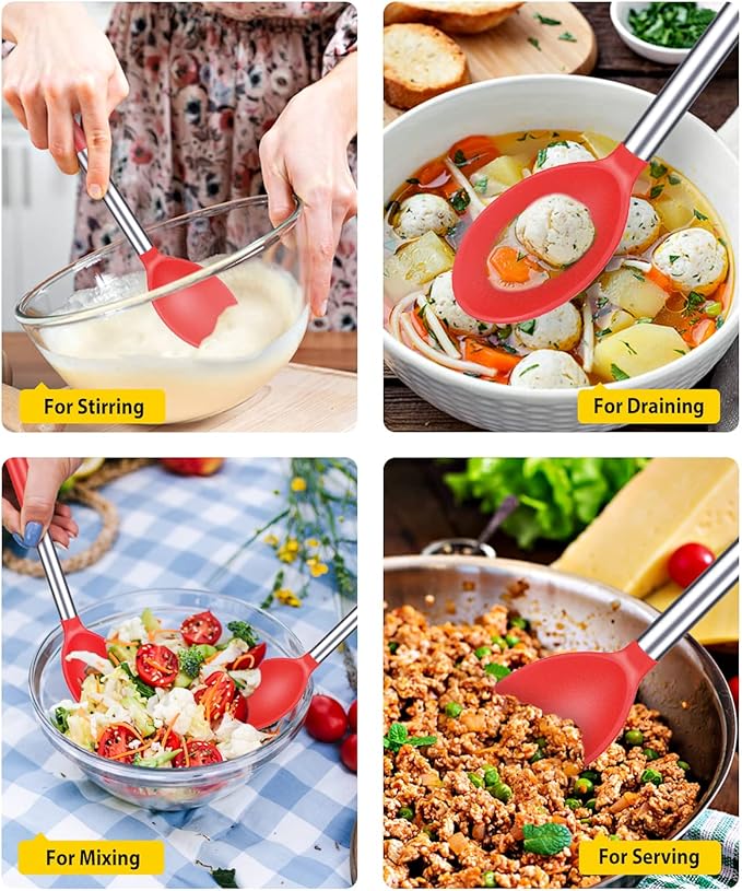 Pack of 2 Large Silicone Cooking Spoons,Non Stick Solid Basting Spoon,Heat-Resistant Kitchen Utensils for Mixing,Serving,Draining,Stirring (RED)-Ruum Studio Home