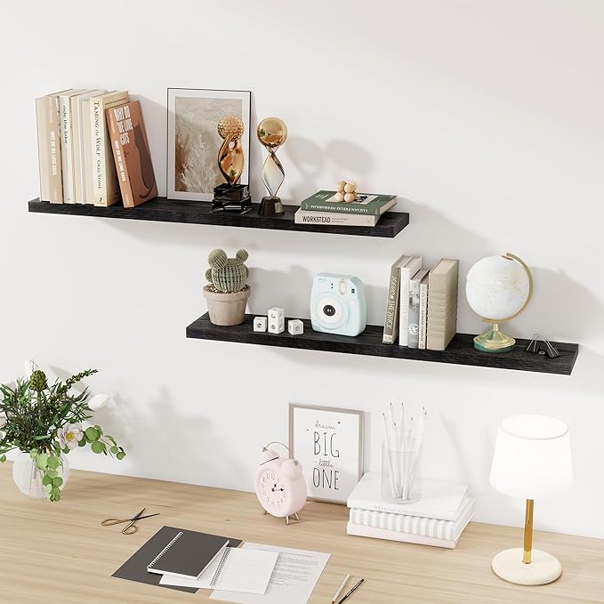 Floating Shelves for Wall, 48 Inch Floating Shelves for Home Decor, Wall Mounted Rustic Wood Shelves, Bathroom, Hanging Deep Shelf for Bedroom, Living Room, Kitchen (Black, Set of 2)-Ruum Studio Home