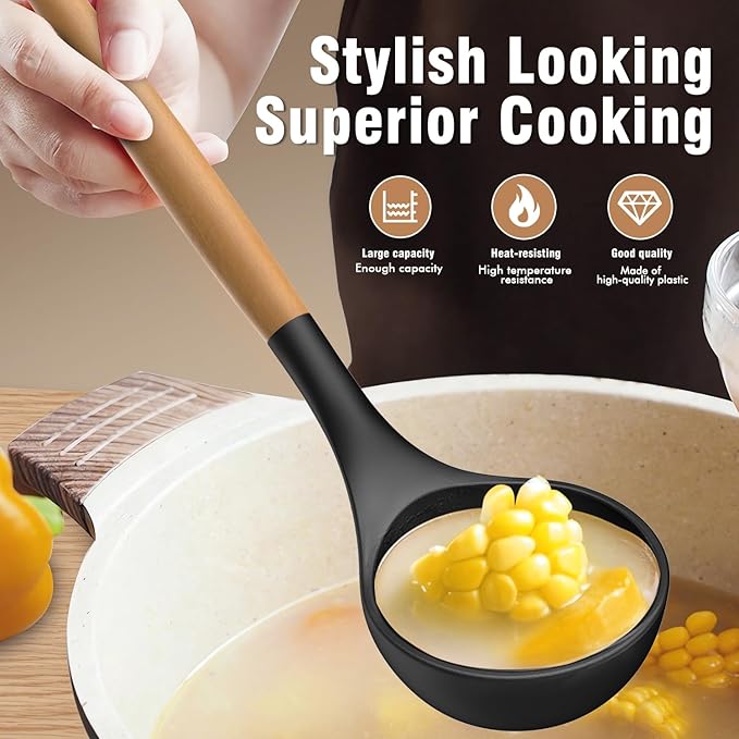 Silicone Cooking Utensils Set - Silicone Kitchen Utensils for Cooking Wooden Handles, 446°F Heat Resistant Kitchen Utensil Spatula Sets w Holder, Gadgets for Non-Stick Cookware BPA FREE (Black)-Ruum Studio Home