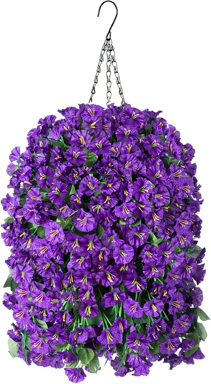 Artificial Faux Hanging Flowers Plants Basket for Outdoor Outside Porch Decoration, UV Resistant Fake Silk Purple Morning Glory Trailing Vines Realistic for Summer Home Balcony Yard Patio-Ruum Studio Home