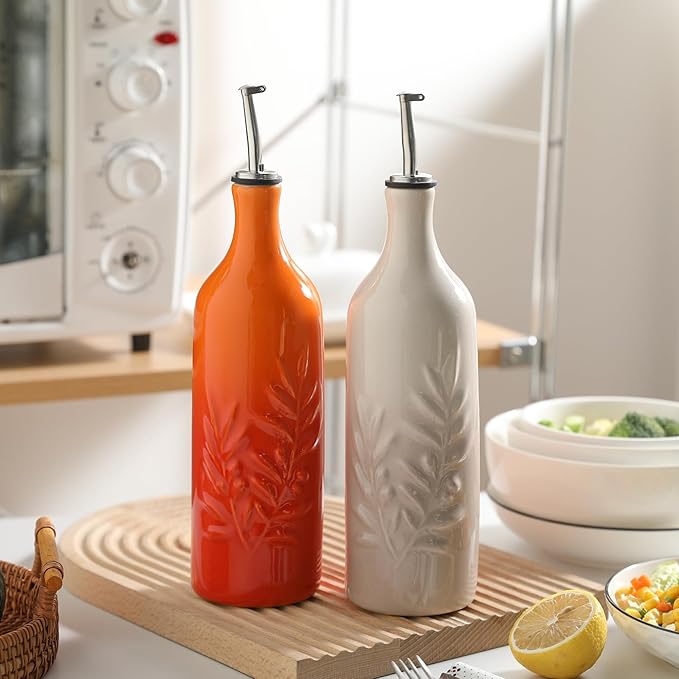 Sweejar Ceramic Olive Oil Dispenser Bottle, 24 Oz Relief Opaque Oil Cruet Protects To Reduce Oxidation, Suitable for Storage Soy Sauce, Coffee Syrup, Liquids, Set of 1 (Gradient Orange)-Ruum Studio Home
