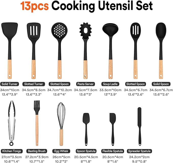 Kitchen Utensils Set, 13PCS Silicone Cooking Utensils, Heat Resistant Kitchen Utensil Spatula Set for Nonstick Cookware, Wooden Handles Kitchen Gadgets Tools Set-Ruum Studio Home