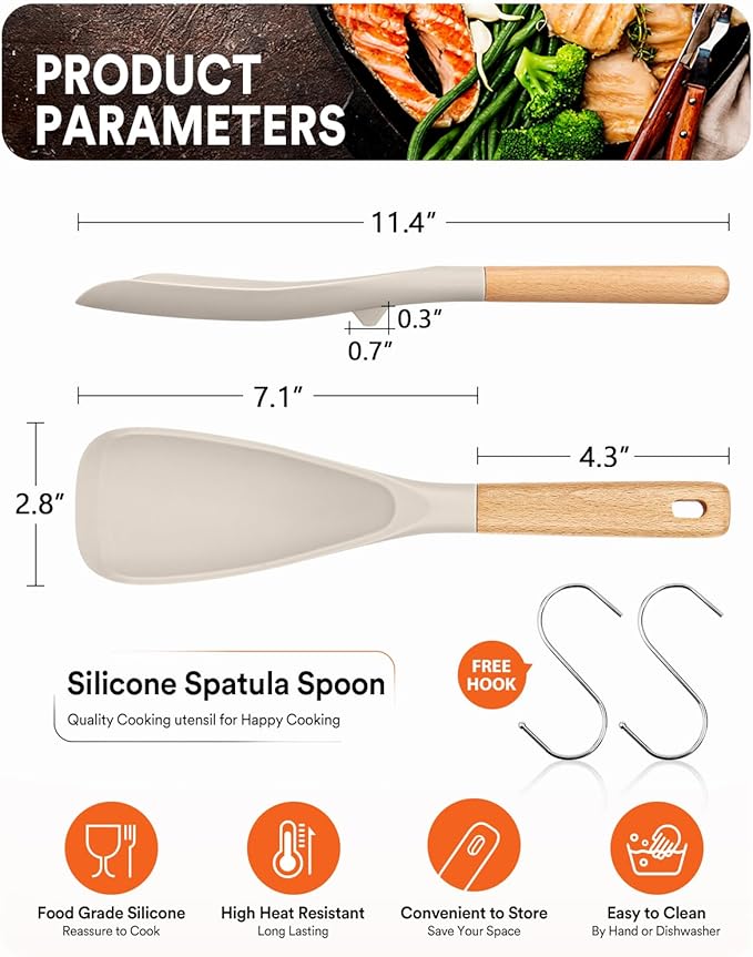Cooking Spoon for Nonstick Cookwares, Great for Cooking and Serving Sturdy BPA-Free Matte Silicone, Wood Handle Spoon for Mixing, Scoop, and Scrape (2 Pack of Khaki, 11.4 inch)-Ruum Studio Home