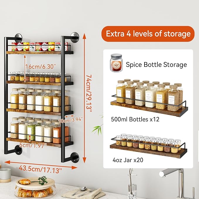 IBUYKE Spice Rack Wall Mount,4 Tier Hanging Seasoning Organizer,Large Spice Rack for Wall for up to 50 Jars,Spice Organization for Kitchen Cabinet,Bathroom,Pantry,Living Room,Brown TLJ016H-Ruum Studio Home