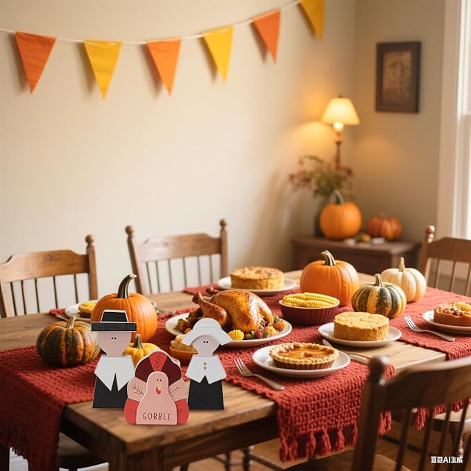 Amorita Fall Thanksgiving Decorations Wooden Turkey Pilgrim Couple Table Sign 3 Pcs Fall Thanksgiving Decor Standing Tabletop Sign Decor for Autumn Harvest - Z-Ruum Studio Home