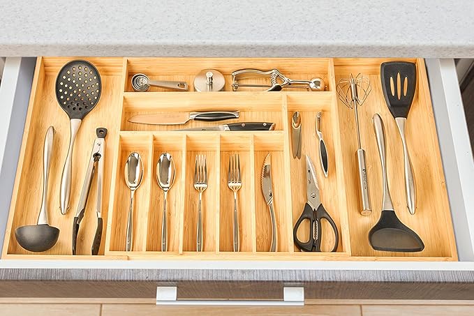 Umilife Extra Large Expandable Kitchen Siverware Utensils Drawer Organizer, 19" Deep for Big Drawer, Adjustable Bamboo Wood Drawer Divider with Curved Grooves, Cutlery Tray Flatware Holder-Ruum Studio Home