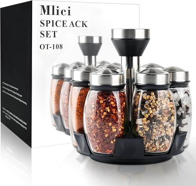 Mlici 6PC Spinning Glass Spice Jars - 360° Rotating Spice Rack Organizer with Jars, Stainless Steel Revolving Seasoning Holder Jars for Countertop Cabinet Kitchen Spices Cruets-Ruum Studio Home