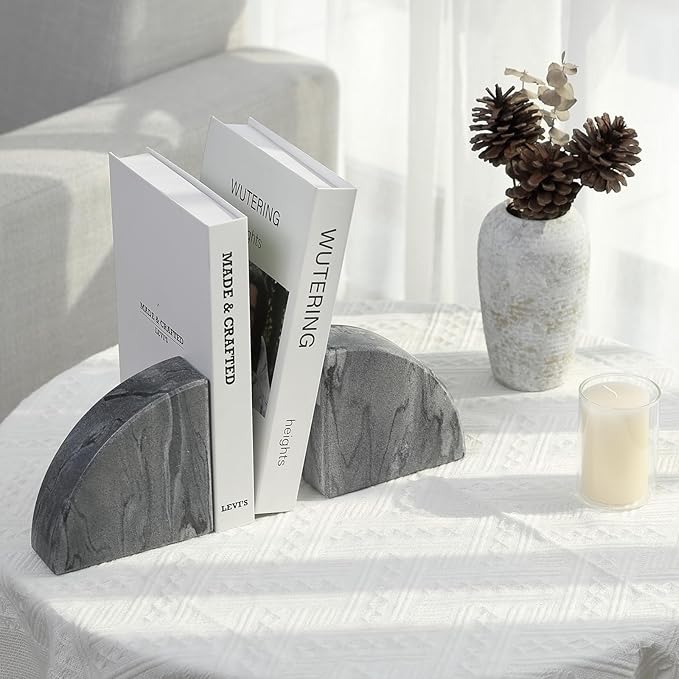 Marble Bookend for Shelves, Non-Skid Bookends for Heavy Books, Heavy Duty Book Stopper for CDs, Luxury Book Shelf Holder, Quarter Circle Design Book Ends Decorative, Monte Grigio, Set of 2-Ruum Studio Home
