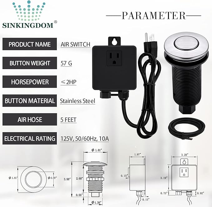 Garbage Disposal SinkTop Air Switch Kit with Long Button,Brass Made Cover,Brushed Nickel-Ruum Studio Home