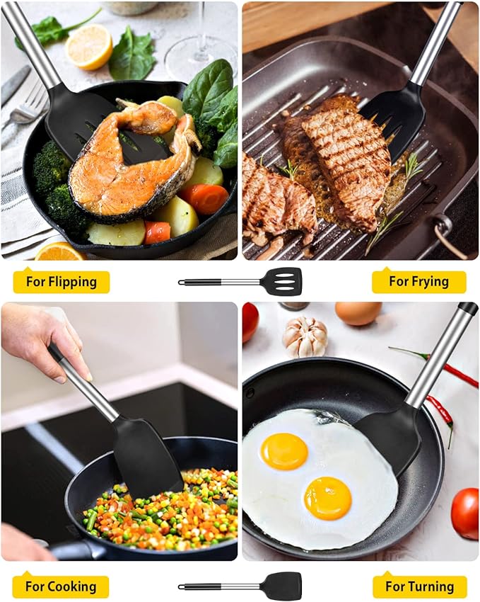 Pack of 2 Silicone Solid Turner, Non Stick Slotted Kitchen Spatulas, High Heat Resistant BPA Free Cooking Utensils, Ideal Cookware for Fish, Eggs, Pancakes(Black)-Ruum Studio Home