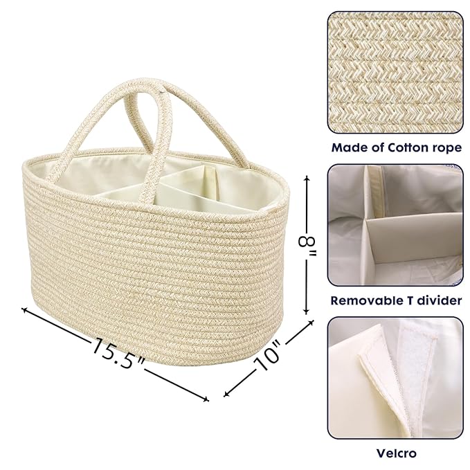 Large Baby Diaper Caddy Organizer for Girl Boy Rope Nursery Storage Bin Basket Portable Holder Tote Bag for Changing Table Car Travel Baby Shower Gifts Oatmeal-Ruum Studio Home