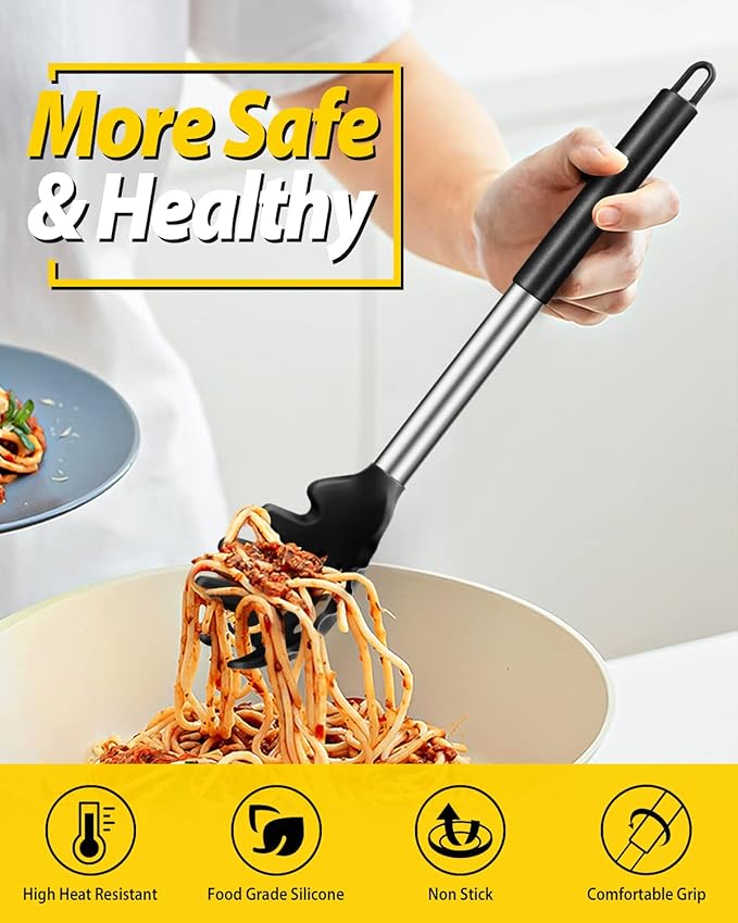 Silicone Pasta Fork and Ladle Spoon Set, Large Non Stick Kitchen Utensils for Cooking,Stirring,Serving Spaghetti, Soup, Sauce (BLACK)-Ruum Studio Home