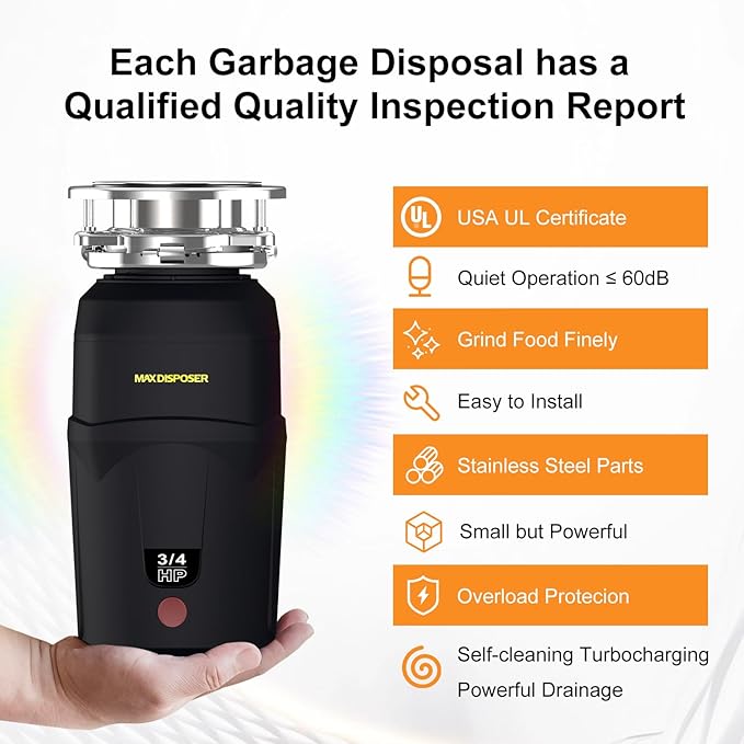 A600 Garbage Disposal 3/4 HP for Kitchen Sink, Food Waste Disposer Fast Continuous Feed Stainless Steel Grind, Quiet, Ease Install, With Power Cord, Powerful Drainage Compact Design 0.75 Horsepower-Ruum Studio Home