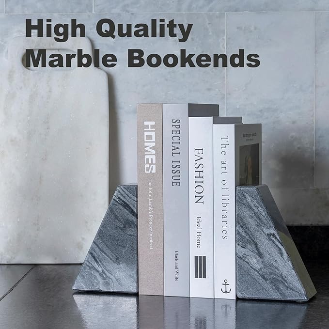 Marble Bookends for Heavy Books, Decorative Book Ends for Shelves, Unique and Heavy-Duty Book Ends for Hardback Book & CDS, Stone Book Stopper, Modern Book Holder, Monte Grigi, Set of 2-Ruum Studio Home