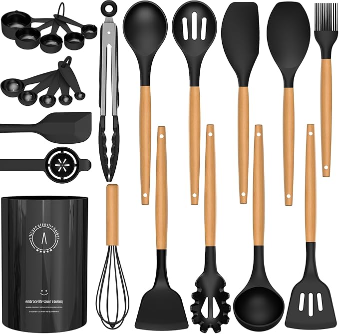 Silicone Cooking Utensils Set - Silicone Kitchen Utensils for Cooking Wooden Handles, 446°F Heat Resistant Kitchen Utensil Spatula Sets w Holder, Gadgets for Non-Stick Cookware BPA FREE (Black)-Ruum Studio Home
