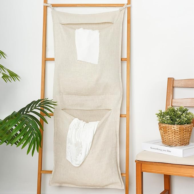 100% Linen Hanging Laundry Bag with 2 Compartments, Over the Door Laundry Hamper, Dirty Clothes Space Saving Organizer 19.7 x 47 Inches, Linen-Ruum Studio Home