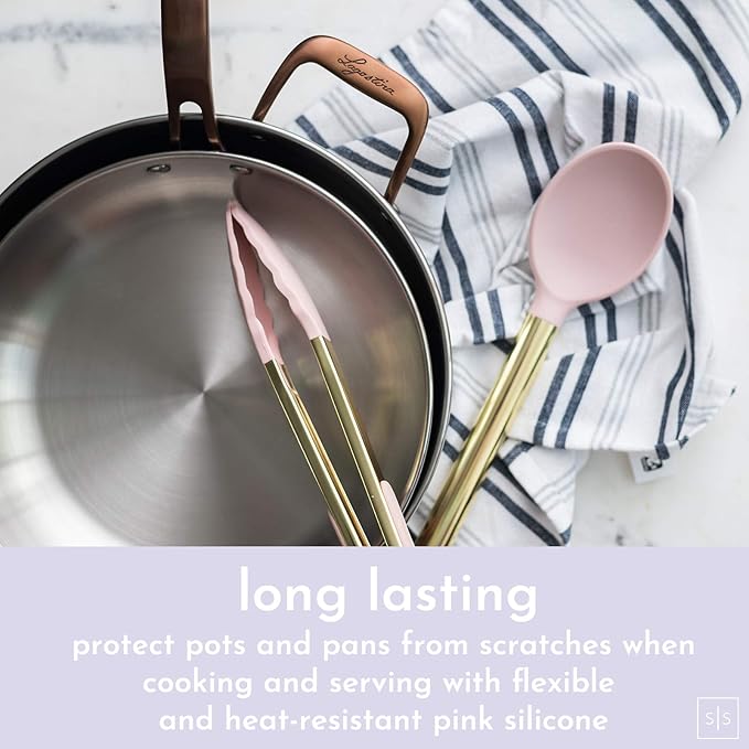 Gold and Pink Kitchen Utensil Set with Holder - 7-Piece Cooking Tools with Gold Whisk, Ladle, Tongs, Turner, Spatula, and Spoon - Stylish Pink Kitchen Accessories for Modern Cooking & Serving-Ruum Studio Home