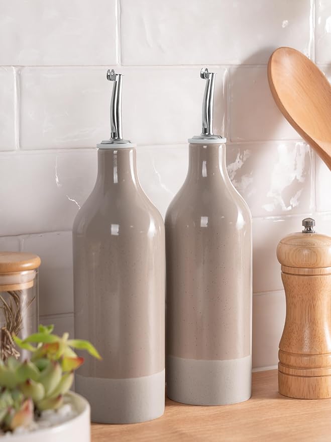 famiware Milkyway 16oz Ceramic Olive Oil Dispenser Bottle, Olive Oil and Vinegar Dispenser Bottle Set of 2 with Stainless Steel Pourers, Suitable for Storage Vinegar, Liquids, Cinnamon Brown-Ruum Studio Home