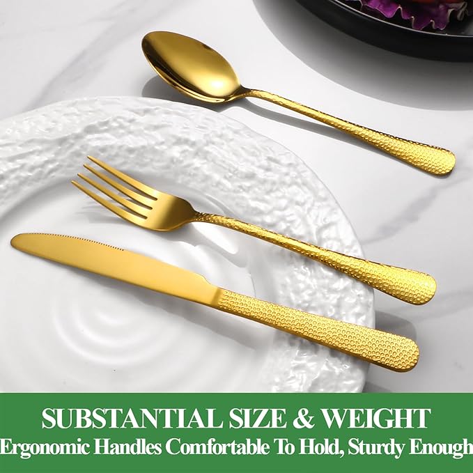 20 Pcs Gold Silverware Set for 4 with Hammered Design, Food Grade Stainless Steel Flatware Set, Eating Utensils Sets Include Fork/Knife/Spoon, Cutlery Set, Dishwasher Safe-Ruum Studio Home