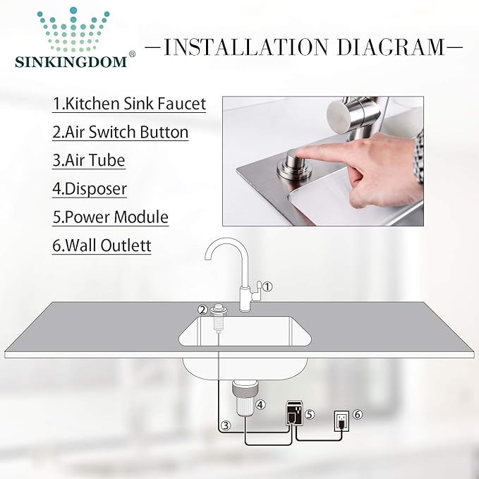SinkTop Air Switch Kit (Long Full Brass Button) for Disposal, Dual Outlet, (Brushed Nickel)-Ruum Studio Home