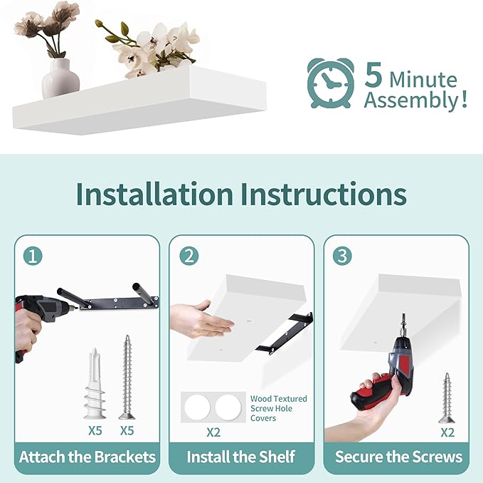 LaVie Home Floating Shelves, 15.6 Inch Wall Shelf Set of 3, Hanging Shelf with Invisible Brackets, Wall Decor for Bathroom, Bedroom, Living Room, Kitchen Storage, Modern White-Ruum Studio Home