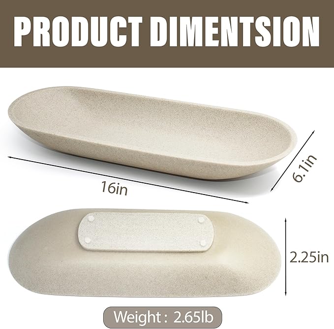 Large Decorative Bowl for Home Decor - Long Dough Bowl with Anti Slip Base for Table Centerpieces - Beige Minimalist Design Dough Decor Bowl for Coffee Table, Dining Table Centerpiece-Ruum Studio Home