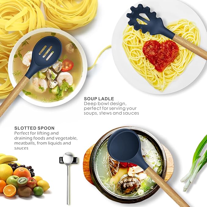 Silicone Cooking Utensils Set - 446°F Heat Resistant Silicone Kitchen Utensils for Cooking,Kitchen Utensil Spatula Set w Wooden Handles and Holder, BPA FREE Gadgets for Non-Stick Cookware (Navy Blue)-Ruum Studio Home