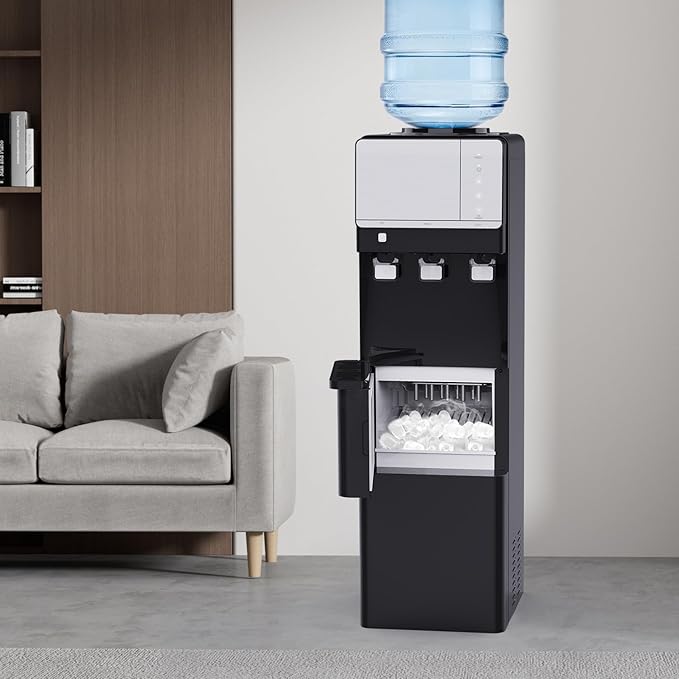 IKT Top Load Water Cooler Dispenser with Ice Maker for 5 Gallon Bottle 27 lbs Daily Capacity 3 Temperature Night Light Black-Ruum Studio Home