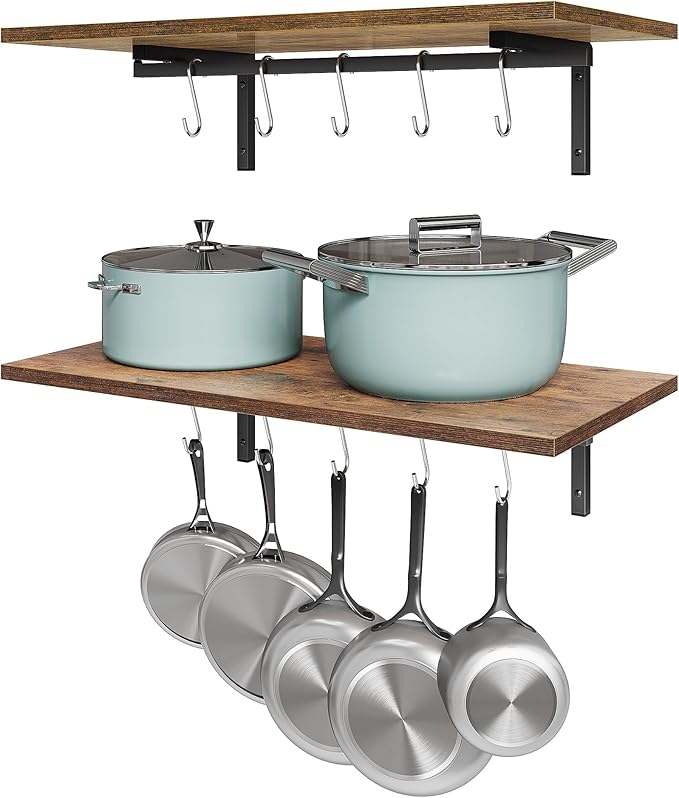 OROPY 2 Pack Wooden 23.6'' Pot Pan Hanging Rack Wall Mounted with 10 S Hooks, Set of 2 Large Pot Wall Holder Kitchen Shelves for Utensils, Cookware-Ruum Studio Home