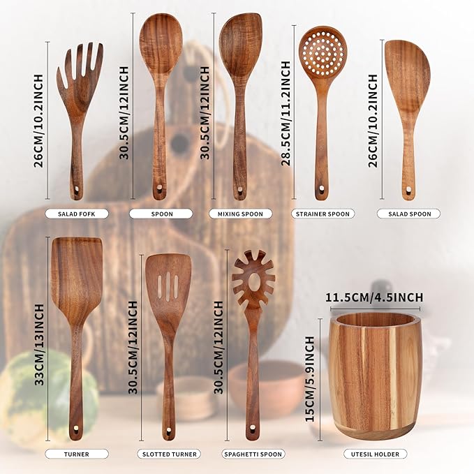 9 PCS Kitchen Utensils Set - Wooden Spoons for Cooking, Natural Teak Wooden Utensils - Includes Wooden Spoons, Spatula Set, Slotted Spoon - Handmade Wooden Spoon Set-Ruum Studio Home