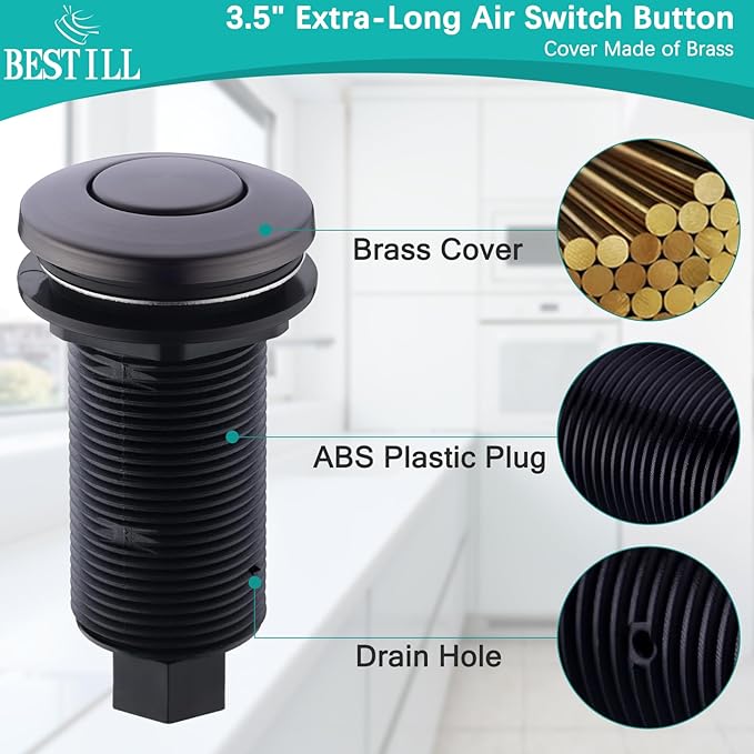 BESTILL Garbage Disposal Button, UL Listed, Cordless Sink Top Air Switch Kit for Waste Disposer, 3.6" Long Push Button with Brass Cover, Gunmetal Gray, Compatible with all Garbage Disposals-Ruum Studio Home