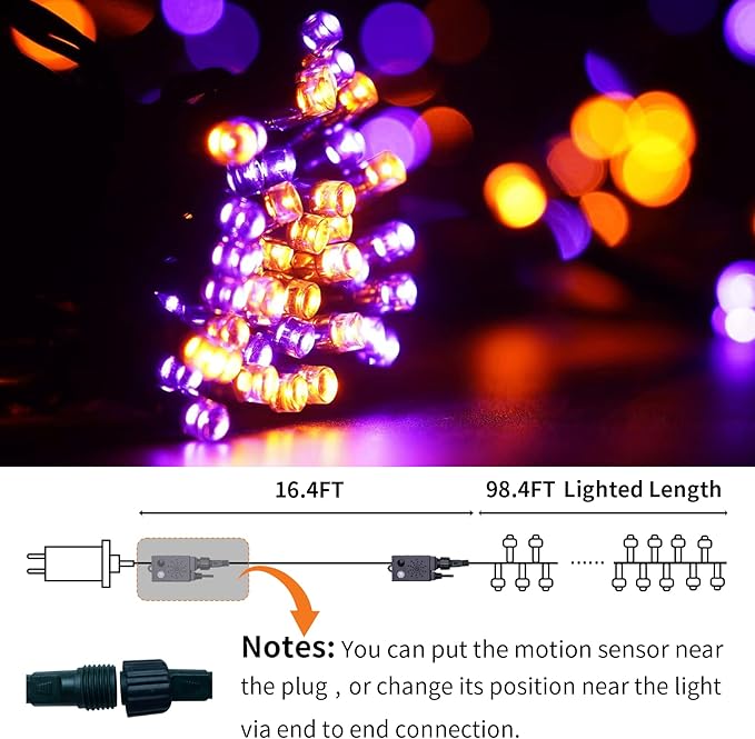 Rotu Halloween String Lights Outdoor with Music Sync Spooky Sounds 300 LED 114.8ft Indoor Fairy String Lights Waterproof Function for Halloween Party Haunted House Decorations (Purple & Orange)-Ruum Studio Home