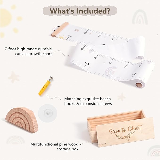 Growth Chart for Wall 7 Ft Height Chart with Keepsake Box & Hook Waterproof Canvas Measure Wall Ruler Removable Neutral Nursery Wall Decor for Baby Kids Toddlers-Ruum Studio Home