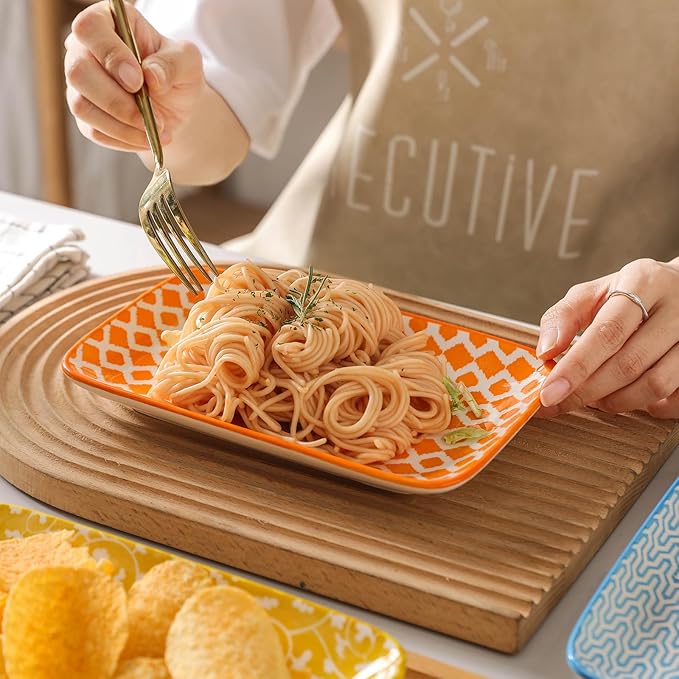 Selamica Ceramic Rectangular Salad Plates Set, Dinner Plate 9.4 Inch Dessert Plates for Party Entertaining, Small Serving Plates for Appetizers, Sushi, Fruit, Set of 4, Assorted Colors-Ruum Studio Home