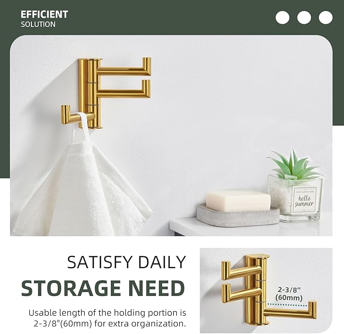 Angle Simple 3 Arms Towel Hook Brushed Gold, 304 Stainless Steel Swivel Triple Towel Holder, Folding Bathroom Hook, Wall Mount-Ruum Studio Home