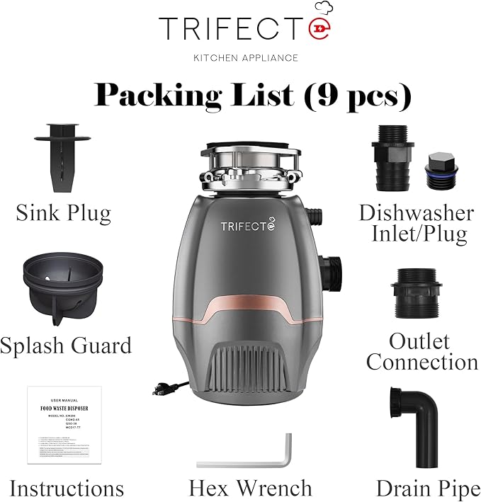 Trifecte Pro 3/4 HP Garbage Disposals with Sound Reduction,Food Waste Coutinuous Feed Garbage Disposal with Power Cord, Dishwasher Hook Up-Ruum Studio Home