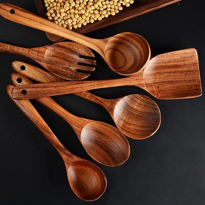12 Pack Wooden Spoons for Cooking - Natural Teak Kitchen Utensils Set with Spatulas-Ruum Studio Home