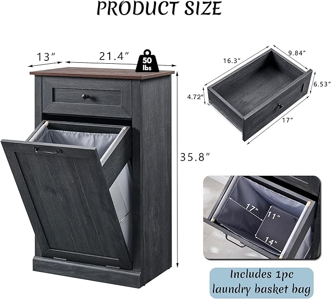 Tilt Out Laundry Hamper Cabinet, 10 Gallon Farmhouse Trash Can Cabinet with Drawer, Hidden Wood Garbage Can Bin Cabinet with Laundry Storage Basket for Bathroom, Kitchen, Dark Grey-Ruum Studio Home