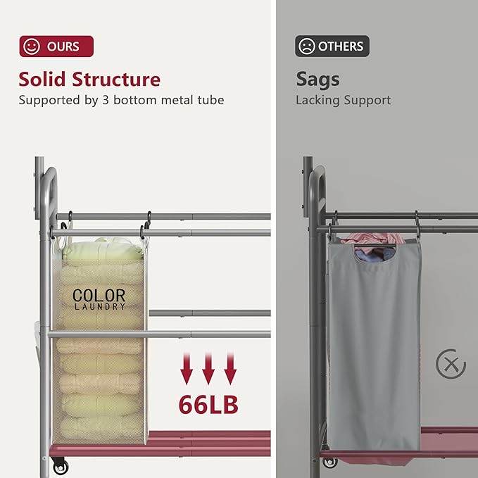 Tajsoon Laundry Hamper with Hanging Rack, 3 Section Laundry Sorter with Heavy Duty Lockable Wheels, Laundry Basket Organizer for Dirty Clothes Storage, 3 Beige-Ruum Studio Home