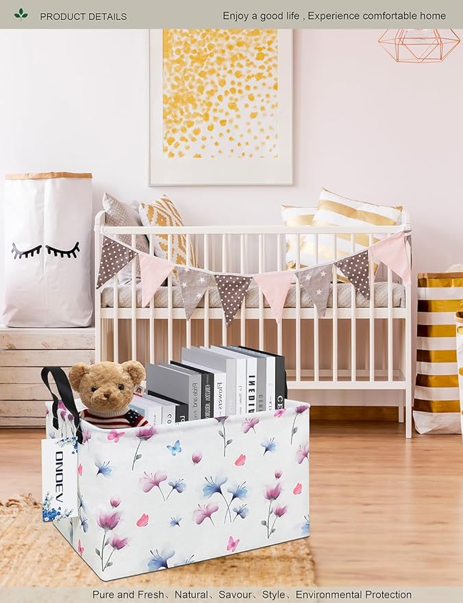 Rectangular Folding Laundry Basket,waterproof Canvas Basket,gift basket,Suitable for children's room,Office,Clothes,Toys Storage(Watermark flower)-Ruum Studio Home