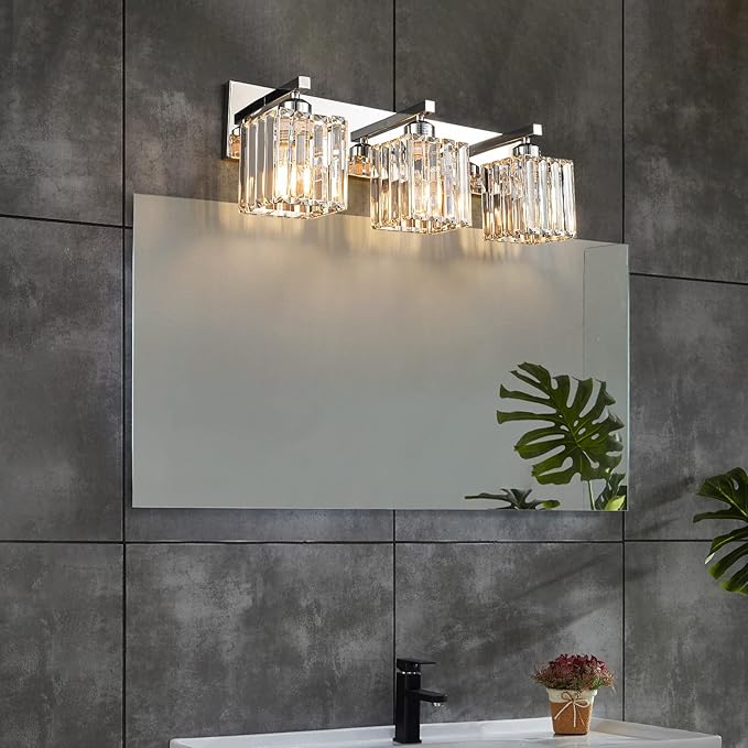 Modern Bathroom Vanity Light 3-Lights Chrome Crystal Bathroom Wall Light Vanity Light Fixtures,20.47-inch Modern Minimalist Design