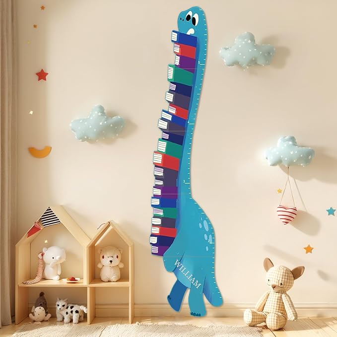 Personalized Name Growth Chart for Wall, Dinosaur Book Wooden Growth Chart Kids Height Chart, Wall Measurement for Kids, Height Chart for Wall, Growth Ruler for Toddler Playroom Decor-Ruum Studio Home