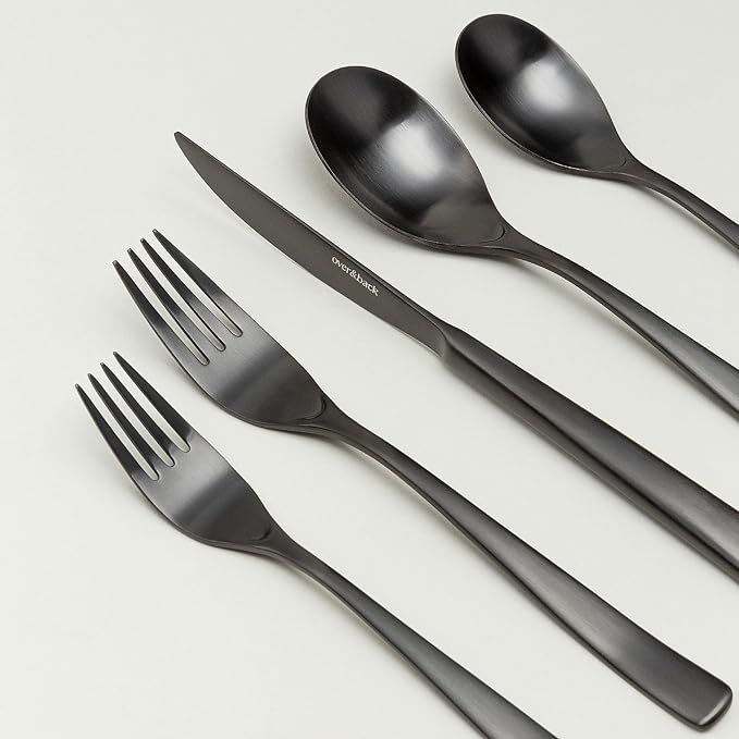 over&back 20pc Curved Flatware Cutlery Set - Comes with 4 Dinner Forks, 4 Salad Forks, 4 Dinner Knives, 4 Dinner Spoons, and 4 Teaspoons - 18/8 Stainless Steel - Dishwasher-Safe - Matte Black-Ruum Studio Home
