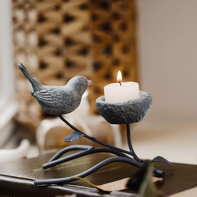 Marbrasse Votive Candle Holders, Vintage Home Decor Centerpiece, Iron Branches, Resin Bird and Nest, Tabletop Decorative TeaLight Candle Stands,Creative Artwork (Grey Black)-Ruum Studio Home